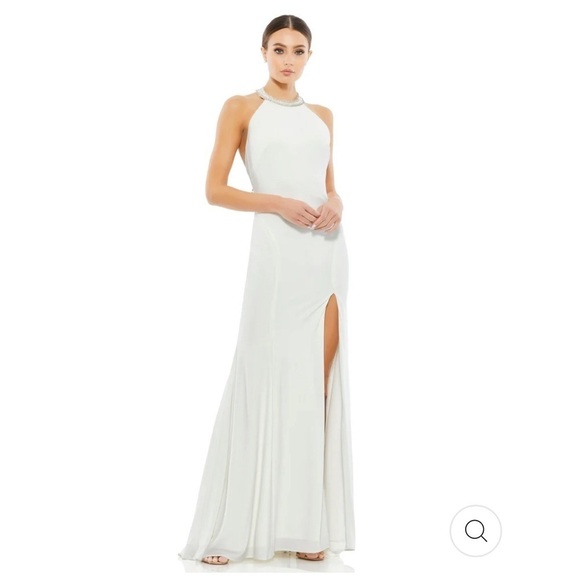 Mac Duggal BEADED HALTER JERSEY GOWN in white size 6. - Picture 1 of 10
